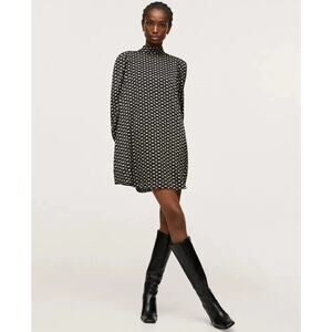 NWOT Mango Tie Back Printed Dress with Balloon Sleeves Black White Geo US 10